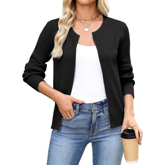 Totatuit Womens Black Long Sleeves Cardigans Knitted Lightweight Zipper Sweater - Picture 2 of 7